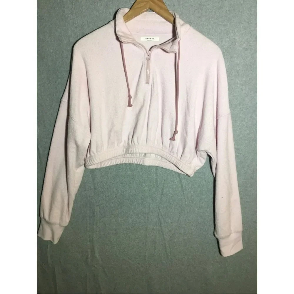 Womens Pacsun Jacket Cropped Quarter Zip Pink Dropped Shoulder Cinch Waist